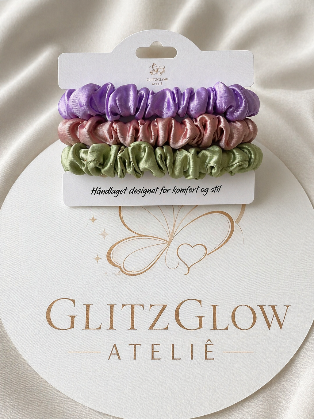 Hårstrikk i silke – håndlaget scrunchies (3 stk) Valgfrie farger