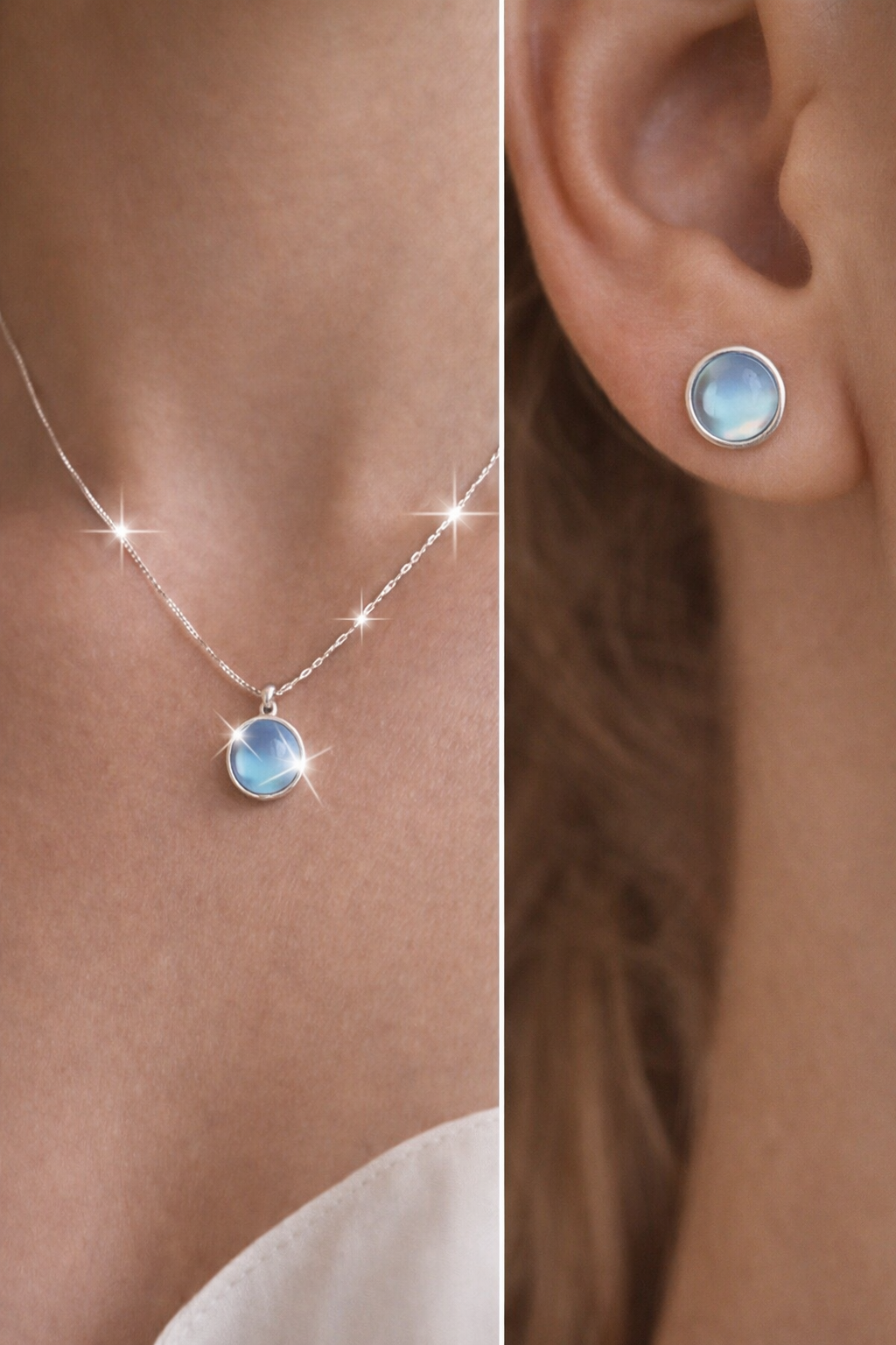 Månestein smykkesett i 925 sølv – halskjede + øredobber