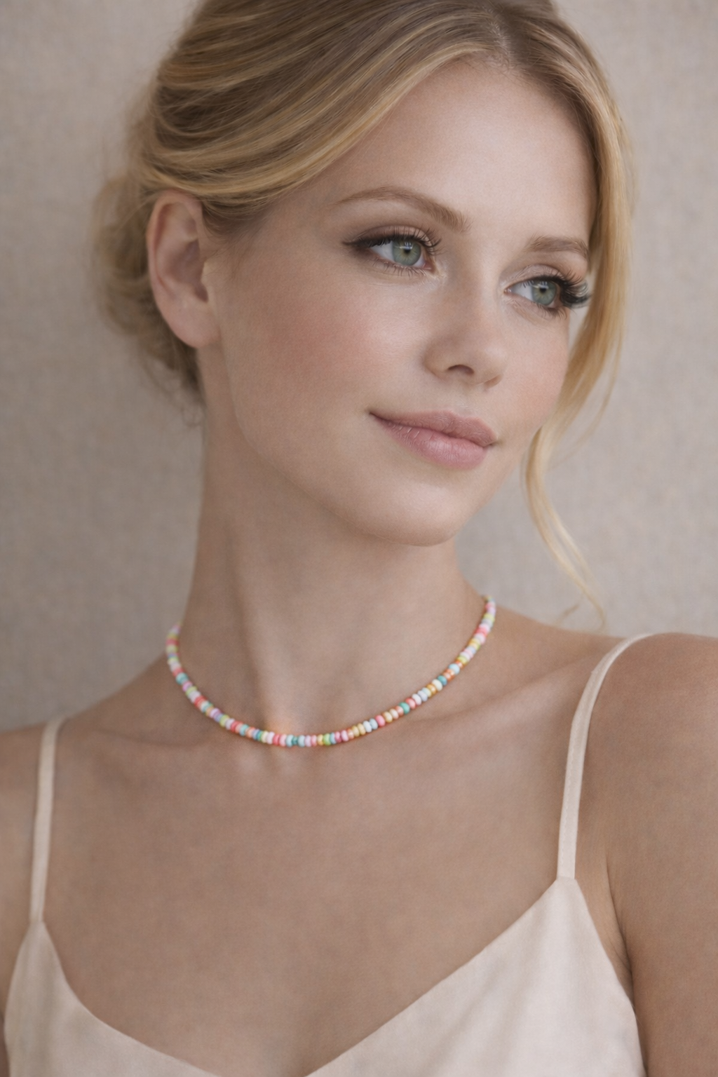 ✨ Pastell Aura Håndlaget perlekjede i myke pastelltoner med subtile gullfargede detaljer.