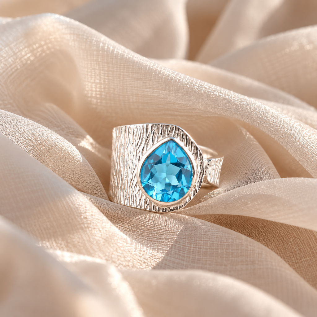 Blue Drop – 925 Sterling Sølv Ring med Sveitsisk Blå Topas | Håndlaget Sølvsmykke