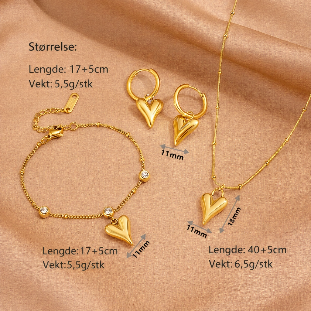 ✨ Hjerte Smykkesett i Gullfarget Rustfritt Stål