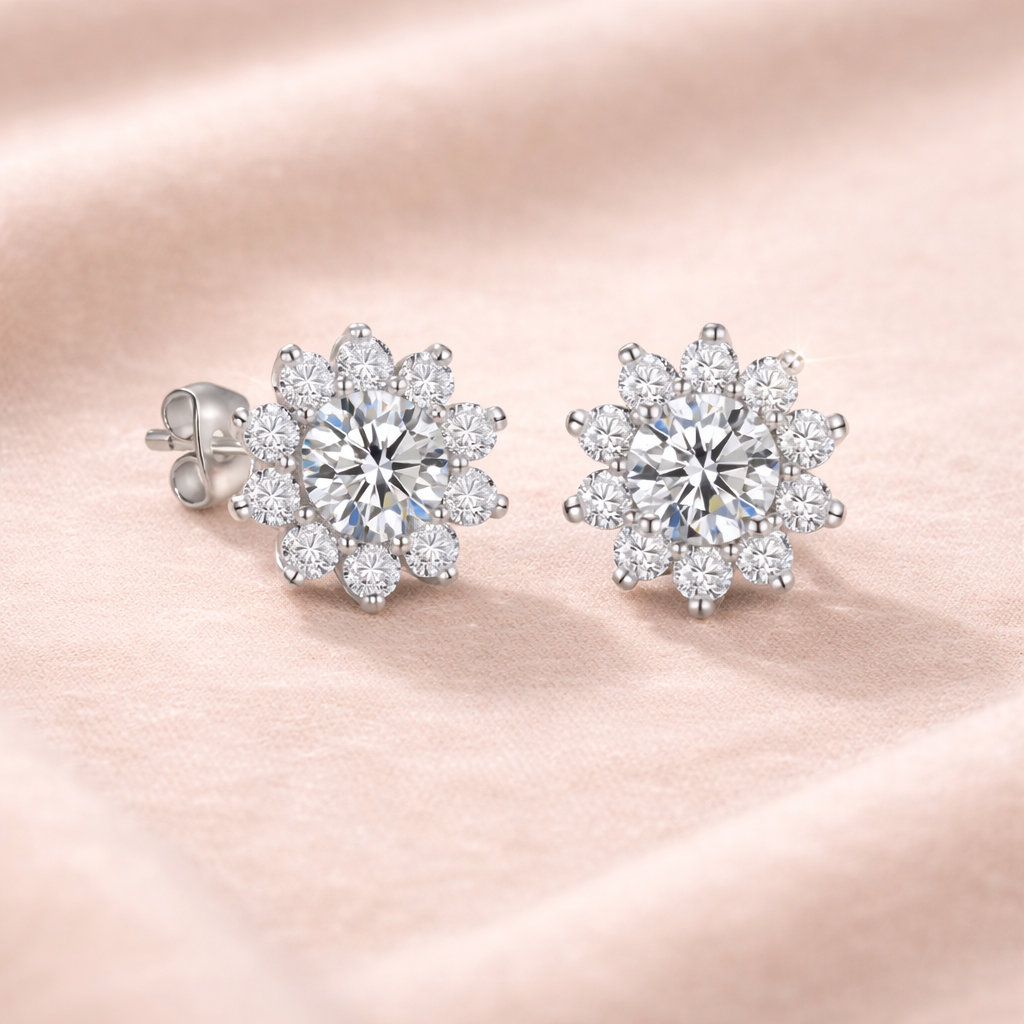 Solsikke Blomst – Øredobber i 316L Rustfritt Stål med Moissanitt