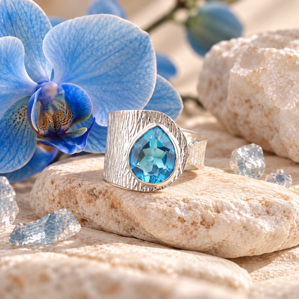 Blue Drop – 925 Sterling Sølv Ring med Sveitsisk Blå Topas | Håndlaget Sølvsmykke