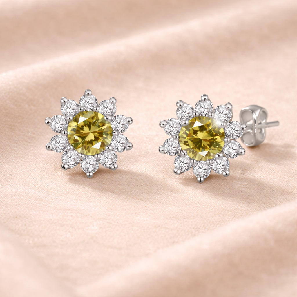 Solsikke Blomst – Øredobber i 316L Rustfritt Stål med Moissanitt