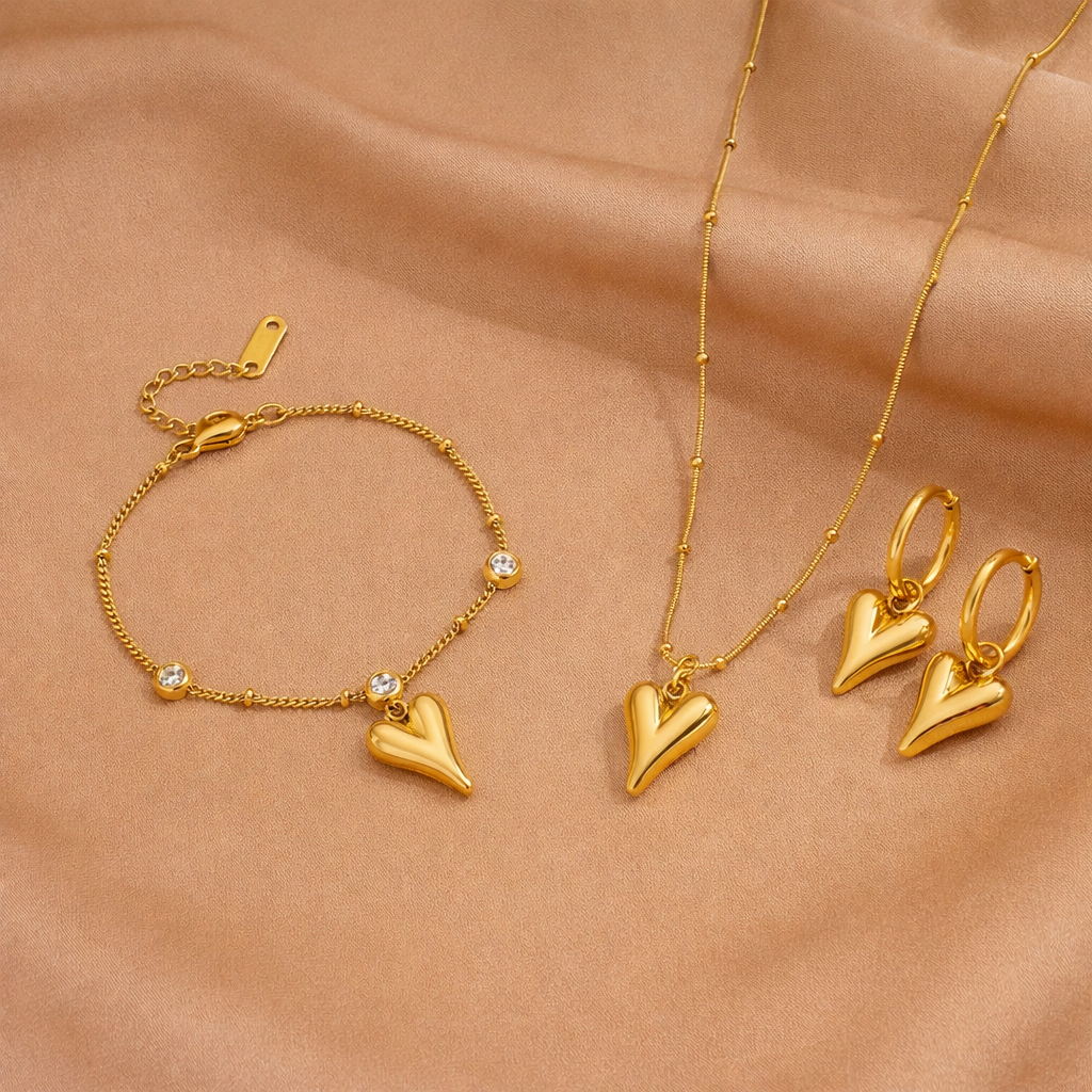 ✨ Hjerte Smykkesett i Gullfarget Rustfritt Stål