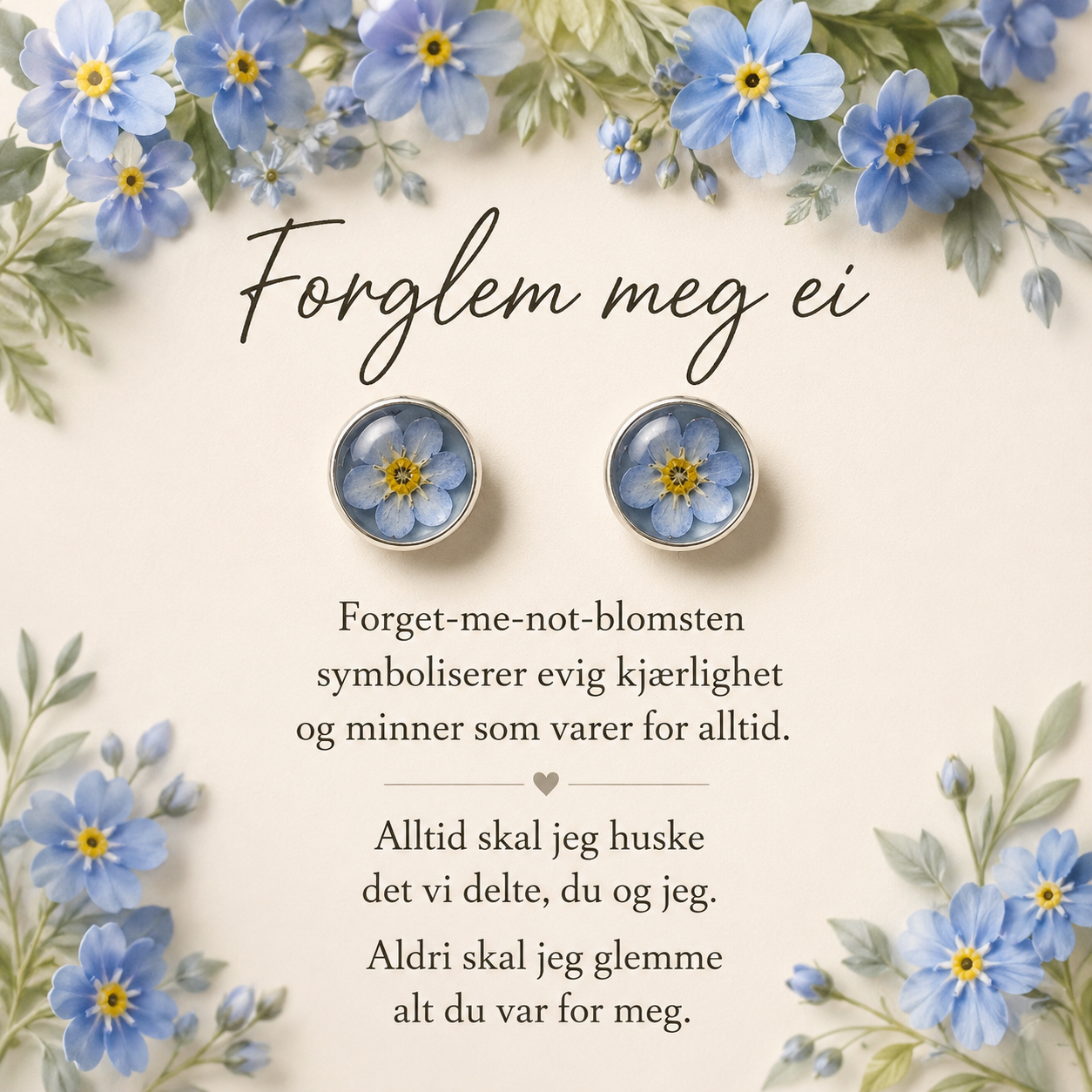 Forglem meg ei – øredobber med ekte blomster 💙